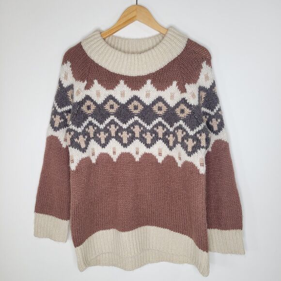 AERIE Brown Chunky Knit Sweater Sz S Fair Isle Nordic Aztec Wool Blend Longline - Picture 4 of 11